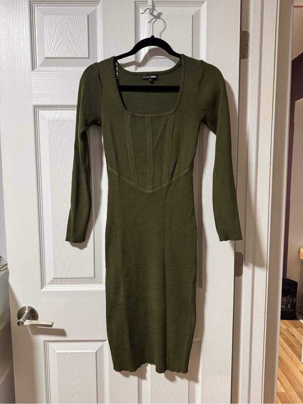 Fashion Nova Olive Ribbed Long Sleeve Midi Dress